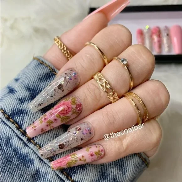 Pink Flower Custom Press On Nails | High Quality Nails | Handmade - Picture 1 of 13